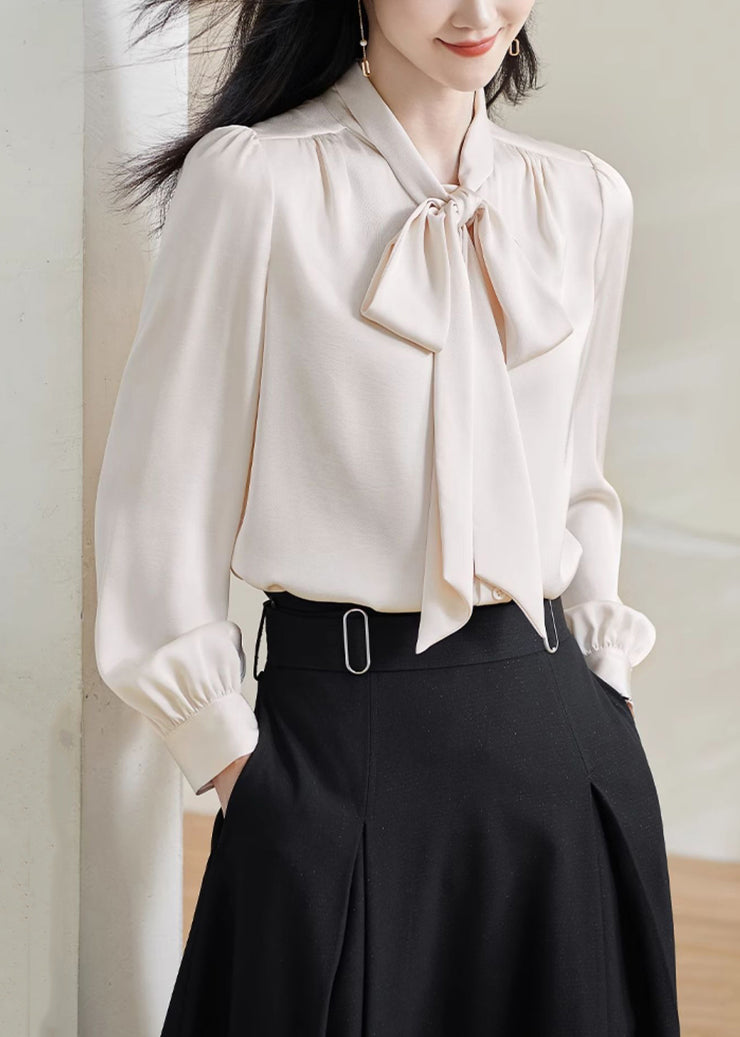Stylish Apricot Bow Solid Silk Shirts Fall