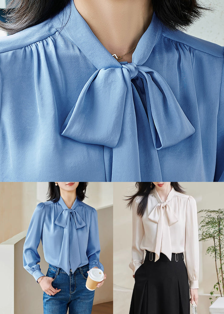 Stylish Apricot Bow Solid Silk Shirts Fall