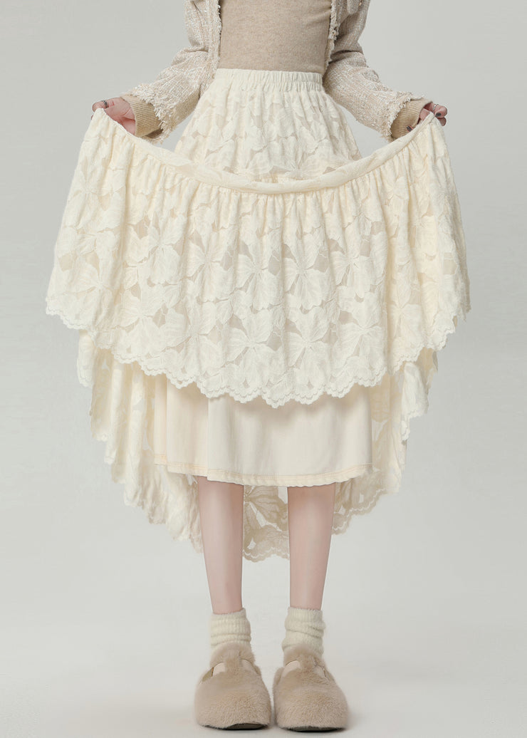 Stylish Apricot Lace High Waist Warm Fleece Maxi Skirts