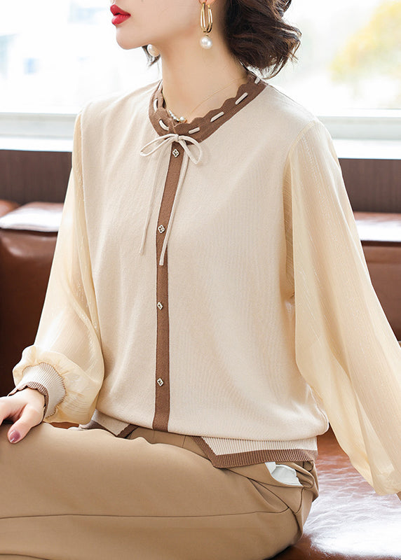 Stylish Apricot Lace Up Button Patchwork Knit T Shirts Fall