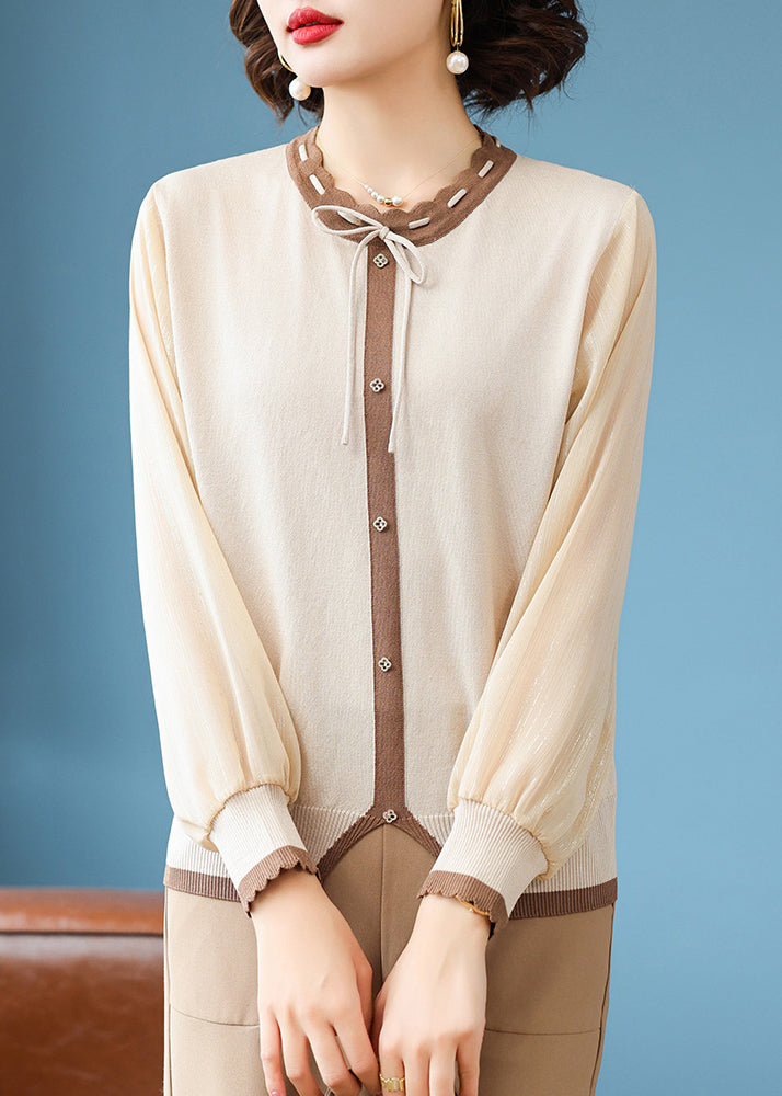 Stylish Apricot Lace Up Button Patchwork Knit T Shirts Fall
