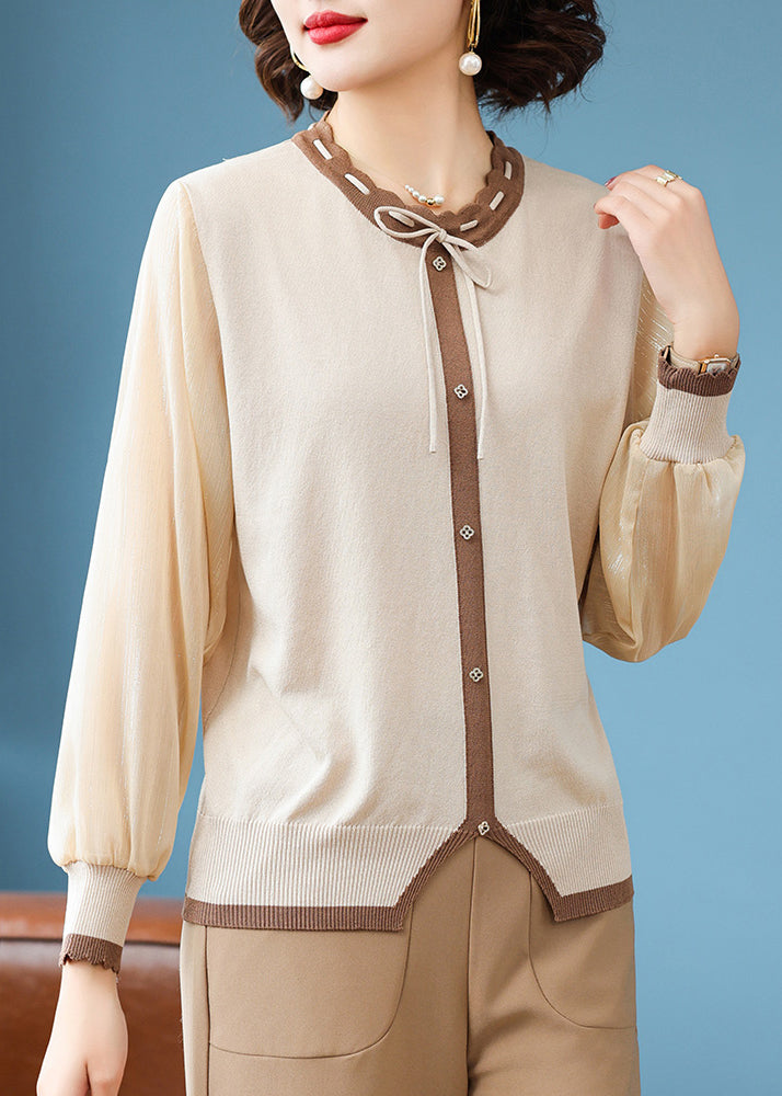 Stylish Apricot Lace Up Button Patchwork Knit T Shirts Fall