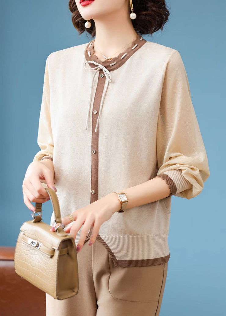 Stylish Apricot Lace Up Button Patchwork Knit T Shirts Fall