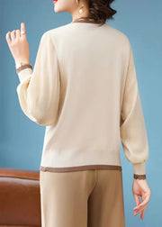 Stylish Apricot Lace Up Button Patchwork Knit T Shirts Fall