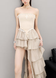 Stylish Apricot Ruffled Asymmetrical Design Strapless Dress Summer