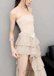 Stylish Apricot Ruffled Asymmetrical Design Strapless Dress Summer