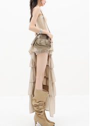 Stylish Apricot Ruffled Asymmetrical Design Strapless Dress Summer