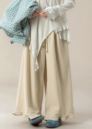 Stylish Apricot Ruffled Elastic Waist Corduroy Wide Leg Pants Winter