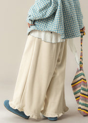 Stylish Apricot Ruffled Elastic Waist Corduroy Wide Leg Pants Winter