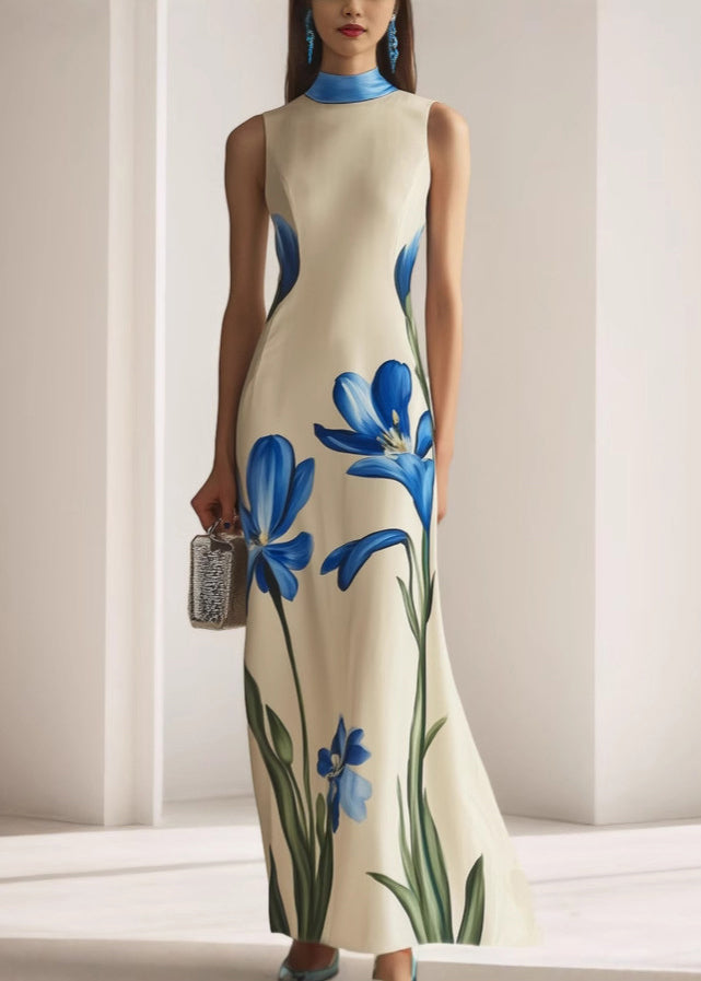 Stylish Apricot Turtleneck Print Slim Maxi Dresses Sleeveless