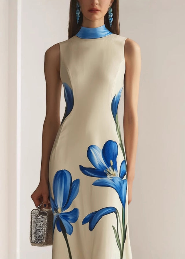 Stylish Apricot Turtleneck Print Slim Maxi Dresses Sleeveless