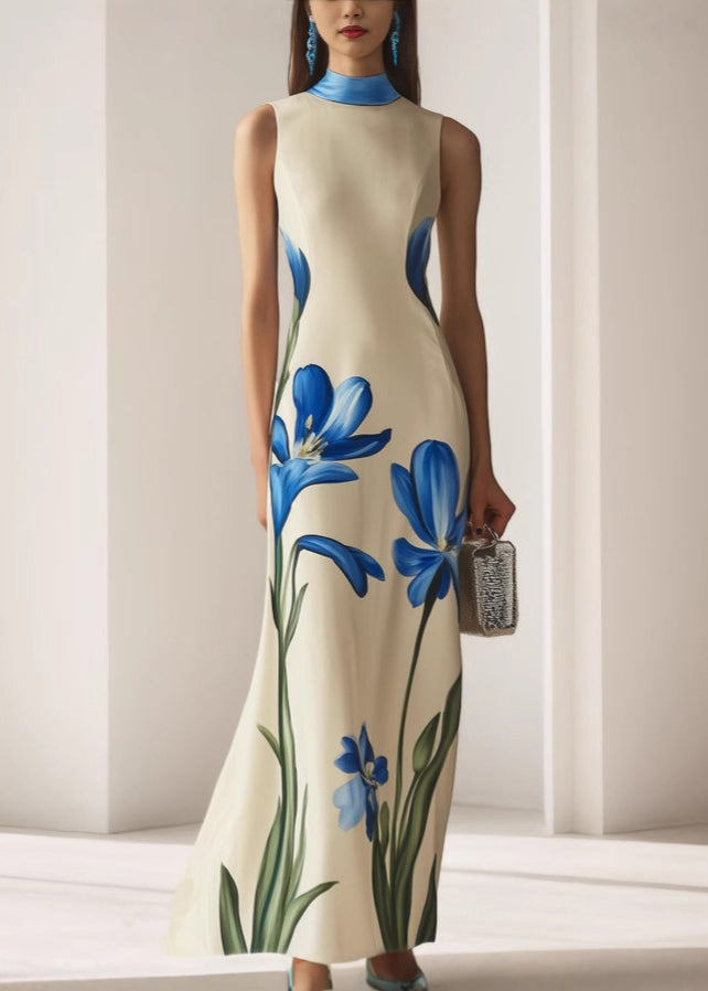 Stylish Apricot Turtleneck Print Slim Maxi Dresses Sleeveless