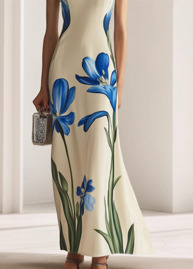 Stylish Apricot Turtleneck Print Slim Maxi Dresses Sleeveless