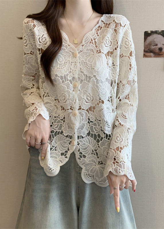 Stylish Apricot V Neck Button Hollow Out Lace Cardigan Fall