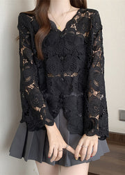 Stylish Apricot V Neck Button Hollow Out Lace Cardigan Fall