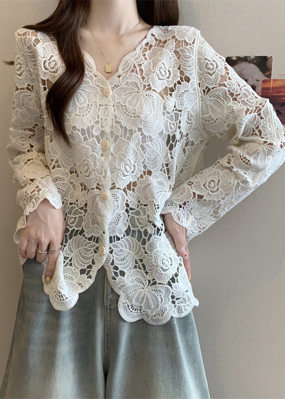 Stylish Apricot V Neck Button Hollow Out Lace Cardigan Fall