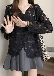 Stylish Apricot V Neck Button Hollow Out Lace Cardigan Fall