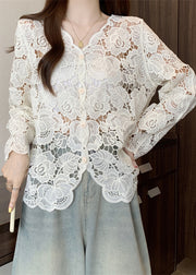 Stylish Apricot V Neck Button Hollow Out Lace Cardigan Fall