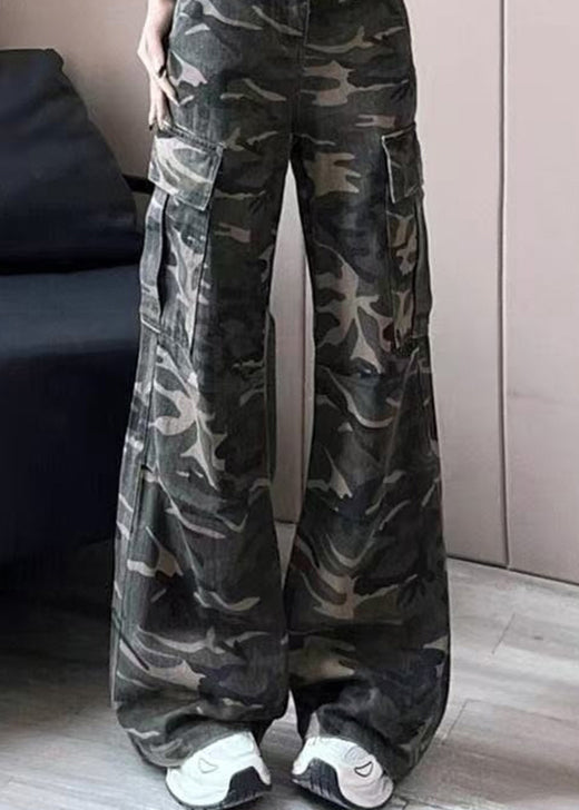 Stylish Army Green Camouflage High Waisted Denim Work Pants Autumn