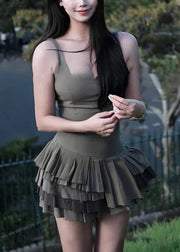 Stylish Army Green Ruffled Patchwork Cotton Spaghetti Strap Summer
