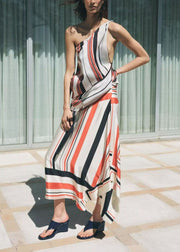 Stylish Asymmetrical Design Striped Silk Two Pieces Set Summer