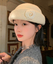 Stylish Beige Floral Pearl Woolen Beret Hat