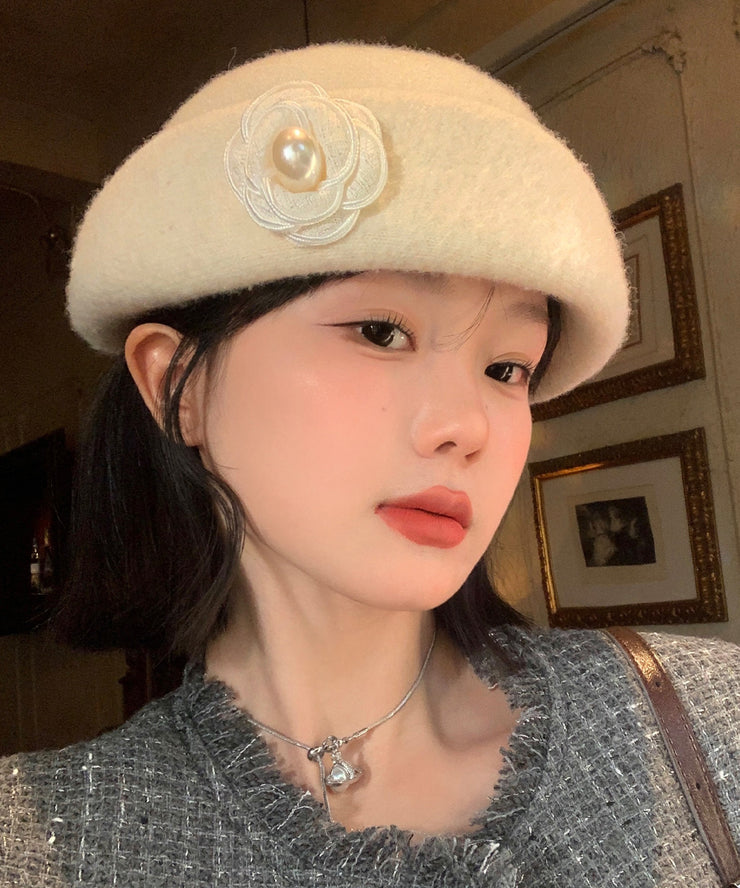 Stylish Beige Floral Pearl Woolen Beret Hat