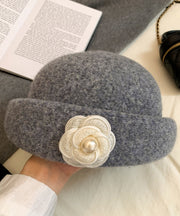 Stylish Beige Floral Pearl Woolen Beret Hat