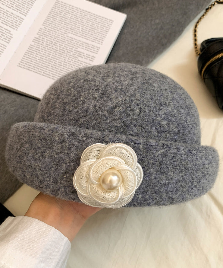 Stylish Beige Floral Pearl Woolen Beret Hat