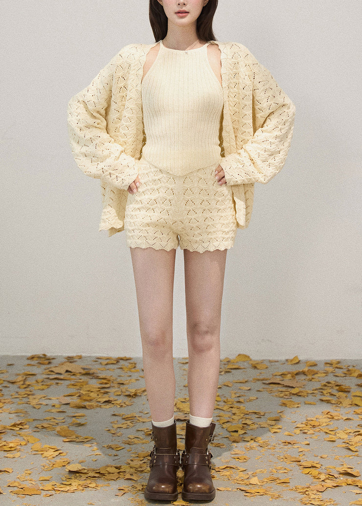 Stylish Beige Hollow Out Knit Two Pieces Set Fall