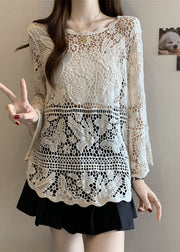Stylish Beige Hollow Out Lace Knit Tops Summer