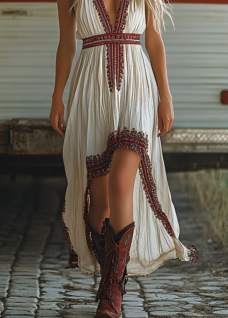Stylish Beige Low High Design Cotton Spaghetti Strap Dress Summer