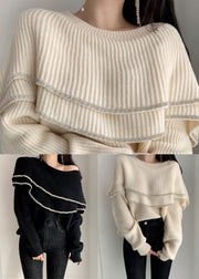 Stylish Beige O Neck Ruffled Cozy Knit Sweater Winter