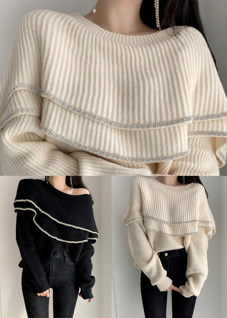 Stylish Beige O Neck Ruffled Cozy Knit Sweater Winter