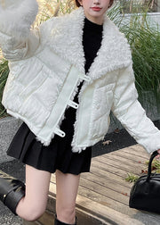 Stylish Beige Peter Pan Collar Fuzzy Fur Fluffy Duck Down Jackets Winter