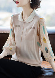Stylish Beige Peter Pan Collar Print Tulle Patchwork Top Lantern Sleeve