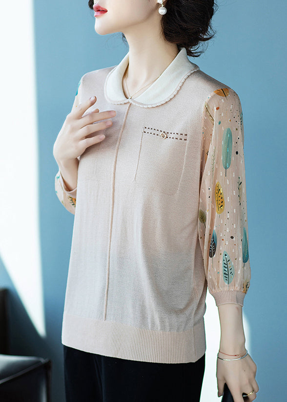 Stylish Beige Peter Pan Collar Print Tulle Patchwork Top Lantern Sleeve