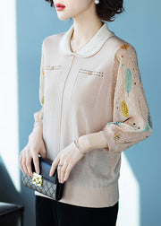 Stylish Beige Peter Pan Collar Print Tulle Patchwork Top Lantern Sleeve