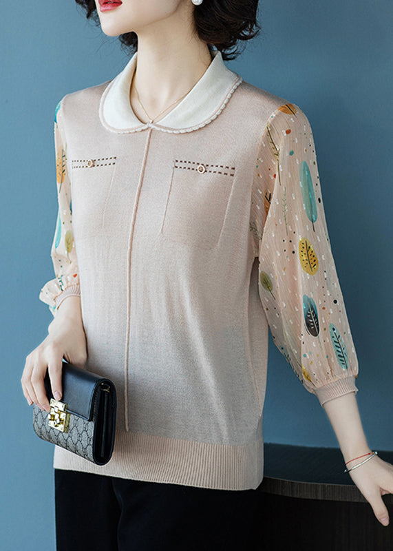 Stylish Beige Peter Pan Collar Print Tulle Patchwork Top Lantern Sleeve