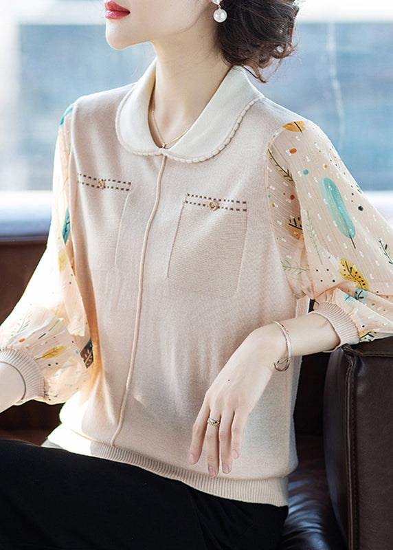 Stylish Beige Peter Pan Collar Print Tulle Patchwork Top Lantern Sleeve