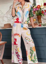 Stylish Beige Peter Pan Collar Shirts And Straight Pants Two Pieces Set Summer
