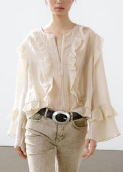 Stylish Beige Ruffled Patchwork Zippered Shirt Flare Sleeve