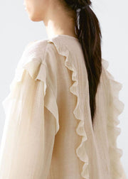 Stylish Beige Ruffled Patchwork Zippered Shirt Flare Sleeve