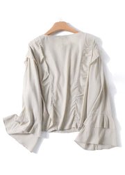 Stylish Beige Ruffled Patchwork Zippered Shirt Flare Sleeve