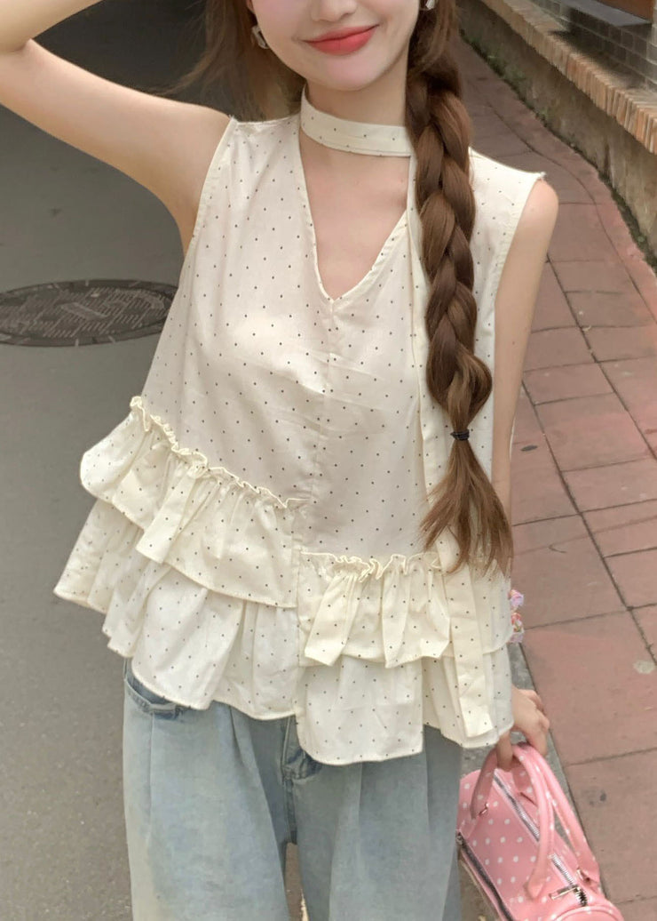 Stylish Beige Ruffled Print Cotton Tank Tops Sleeveless