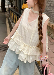 Stylish Beige Ruffled Print Cotton Tank Tops Sleeveless