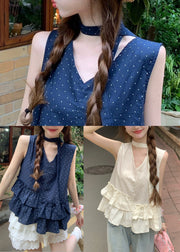 Stylish Beige Ruffled Print Cotton Tank Tops Sleeveless