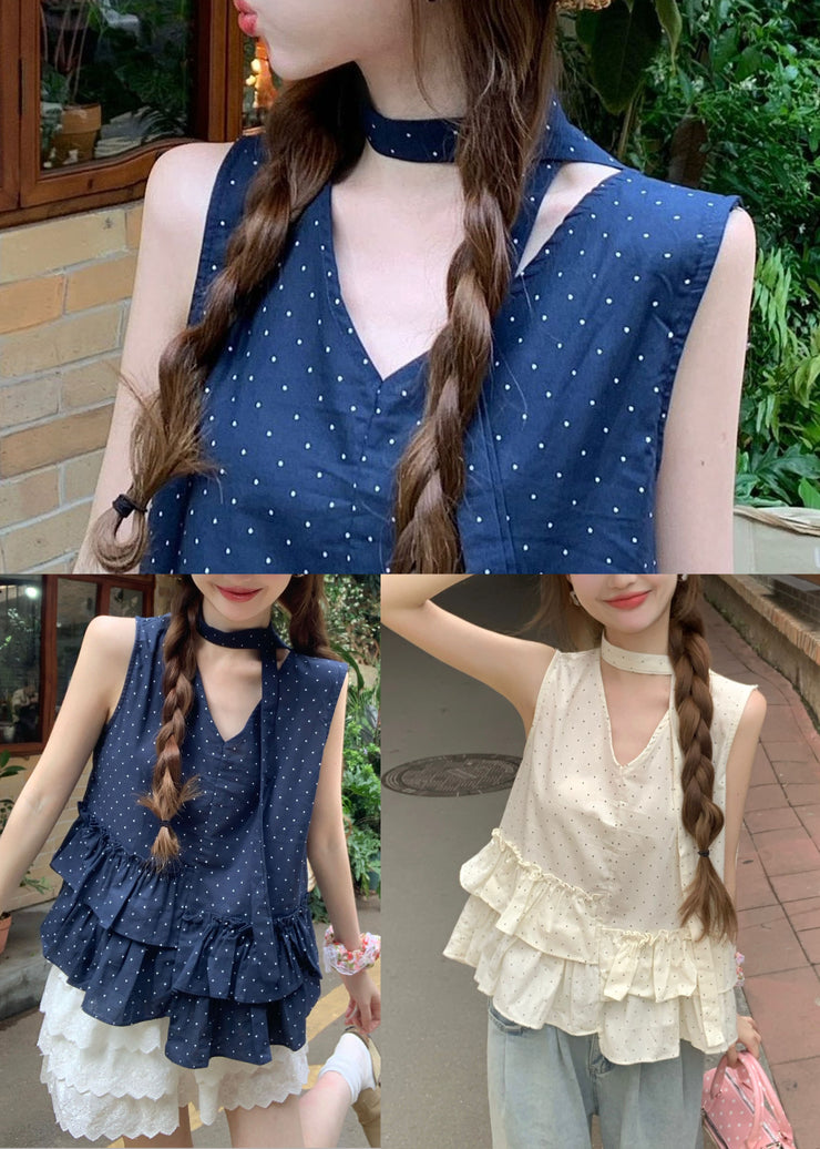 Stylish Beige Ruffled Print Cotton Tank Tops Sleeveless