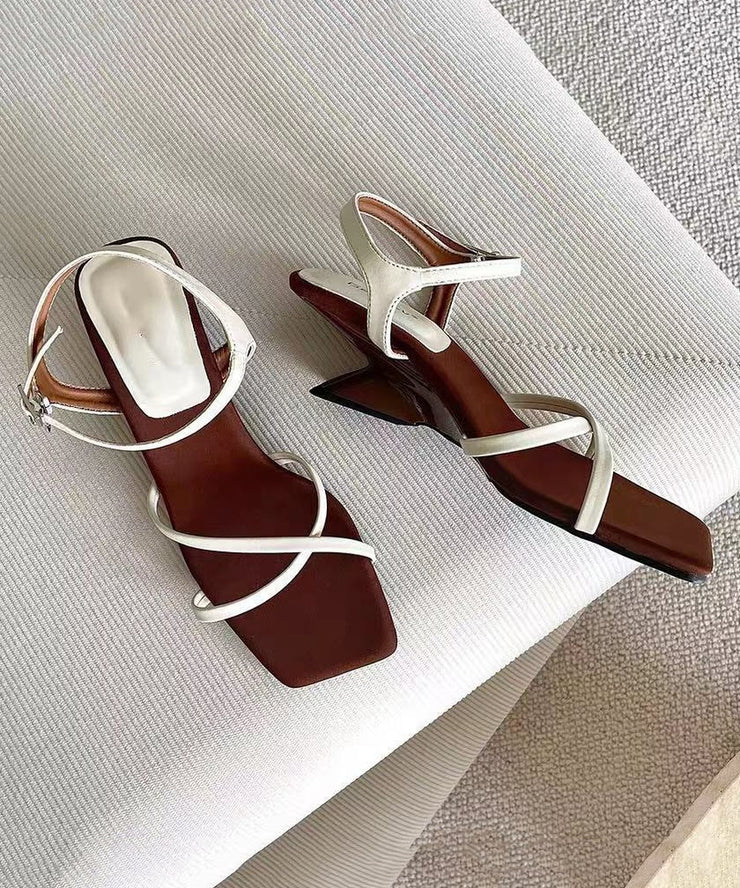 Stylish Beige Splicing Cowhide Leather Wedge Sandals Peep Toe