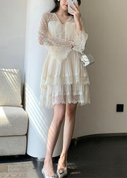 Stylish Beige V Neck Wrinkled Lace Chiffon Dress Flare Sleeve